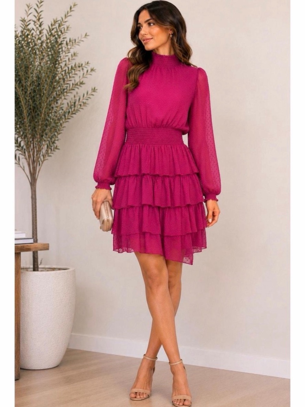 Nanette Women's Tiered Long-Sleeve Mini Dress in Fuchsia